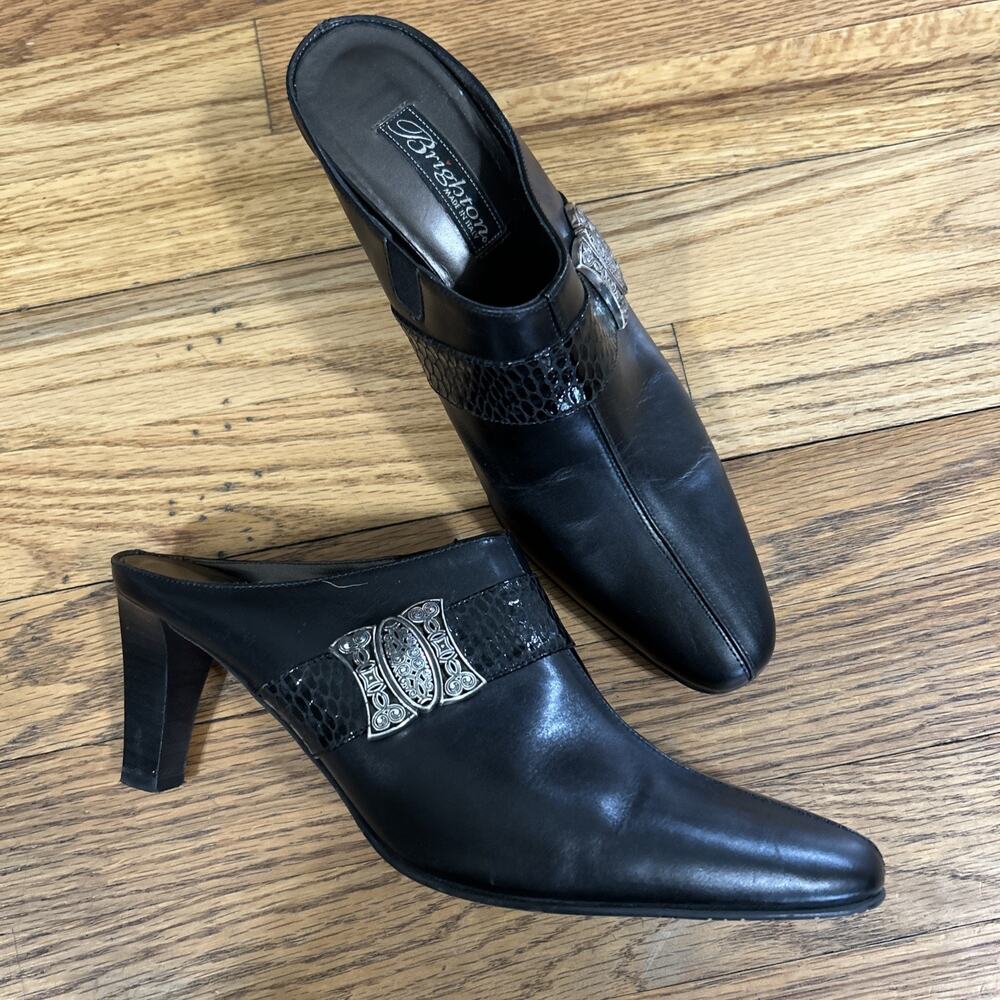 Brighton Italy Made 8 Black Mule Clog Heels Faux Alligator Skin Y2K Vampy Wester